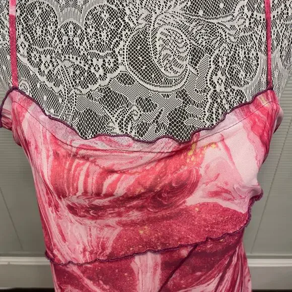 NWT Urban Outfitters Pink Marbled Mini Slip Dress Mesh Lightweight XL - Picture 6 of 16